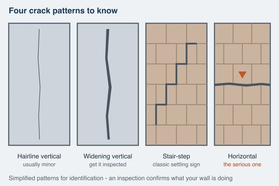 Diagram comparing hairline vertical, widening vertical, stair-step, and horizontal foundation cracks