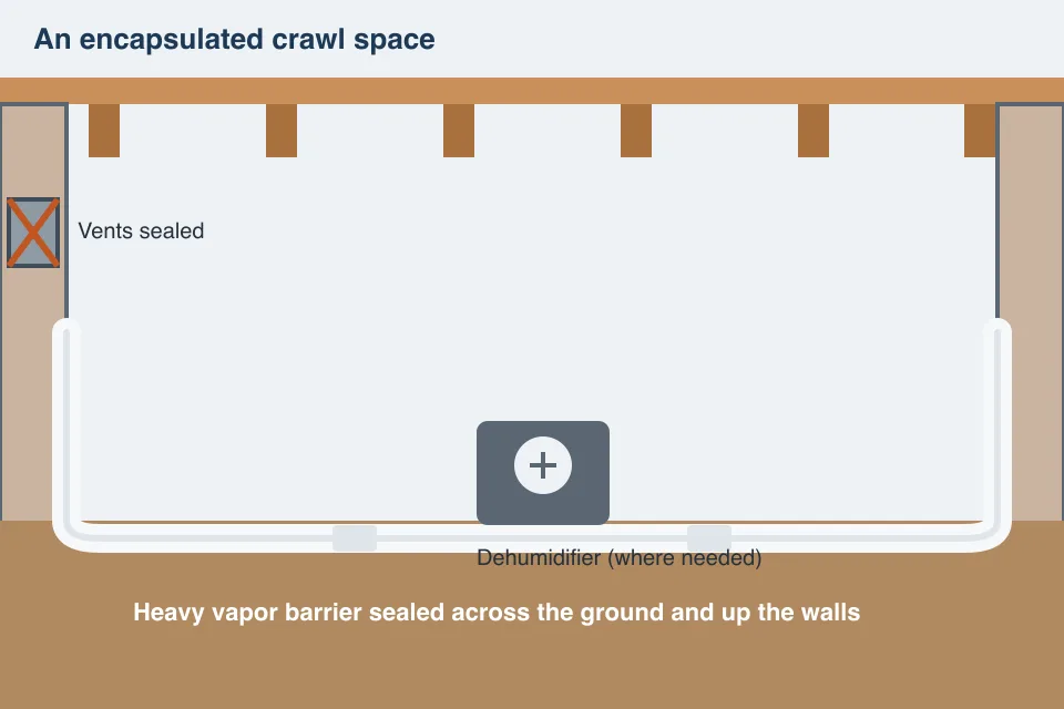 Illustration of an encapsulated crawl space with sealed vapor barrier